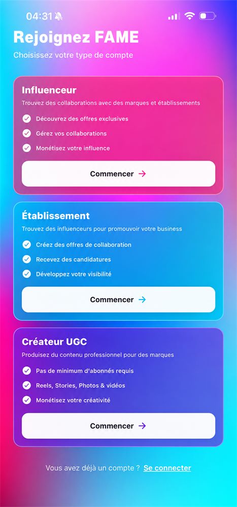 Aperçu de l'app Fame